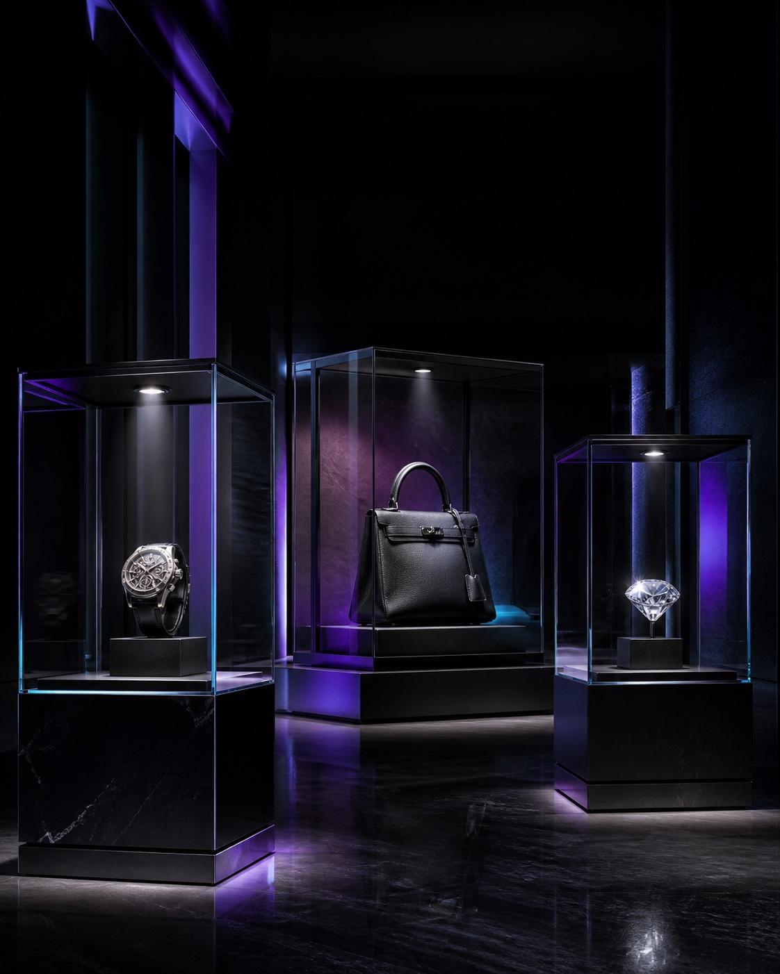 A private showroom presenting a watch, leather handbag and diamond