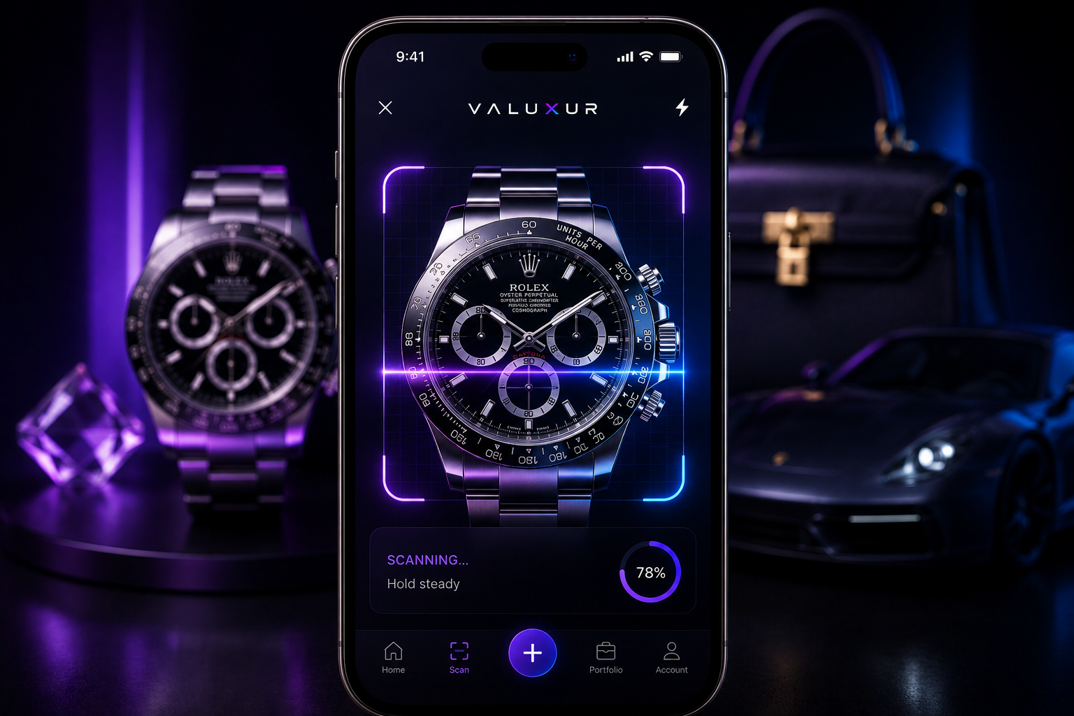 A phone held in front of a watch, framing it inside the capture guide while the app works on identifying it